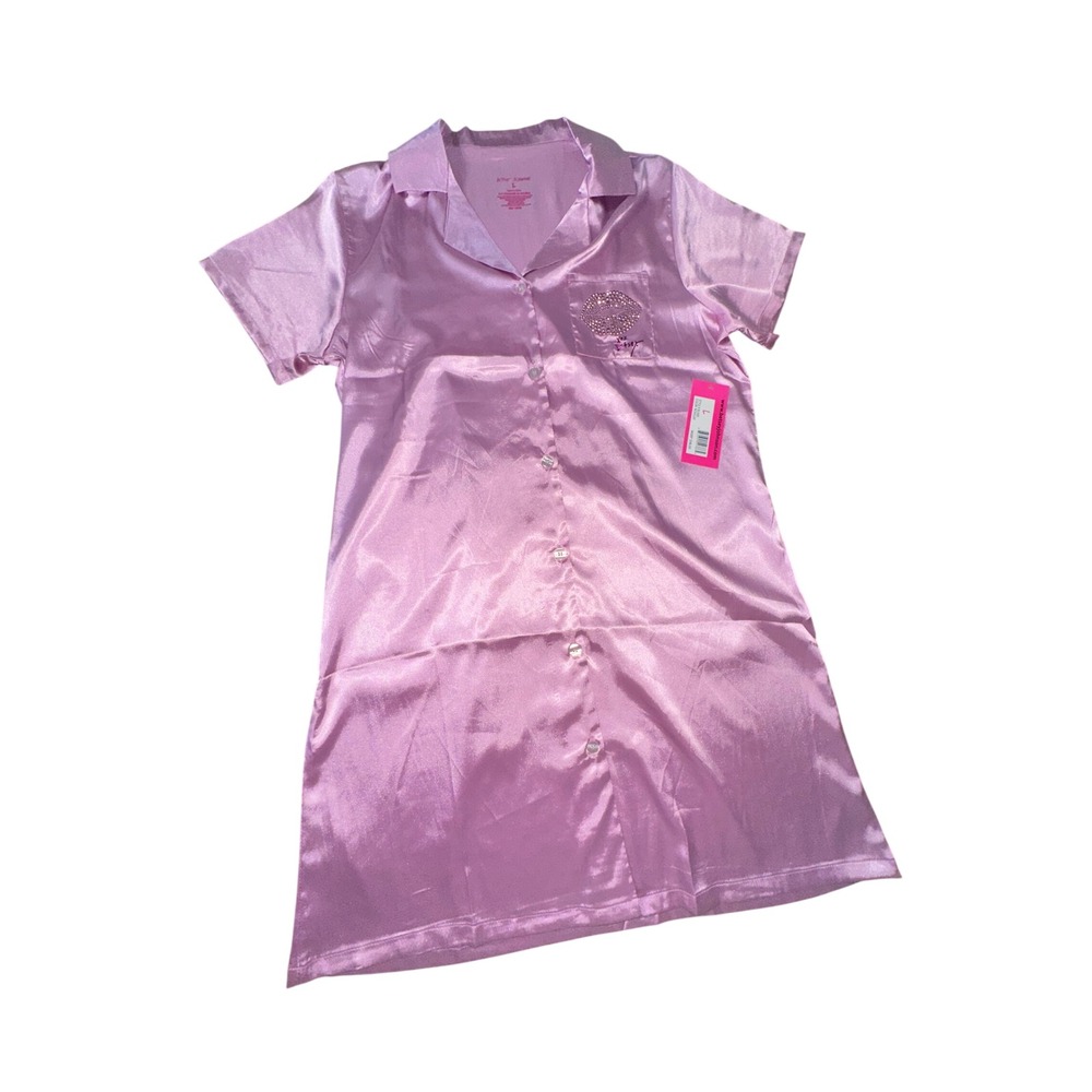 Betsey Johnson Satin Sleep Shirt Pink Rhinestone Lip Nightgown Nosegay New